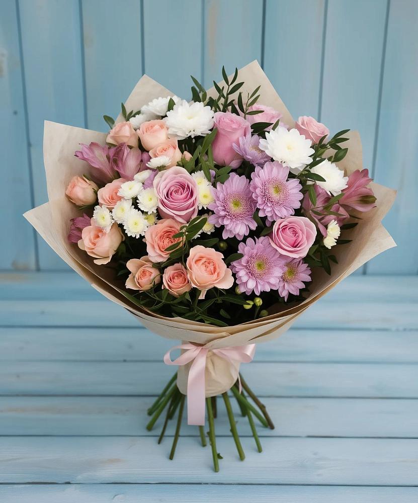 Букет цветов из: Хризантемы, Розы и Альстромерии в Лещаном