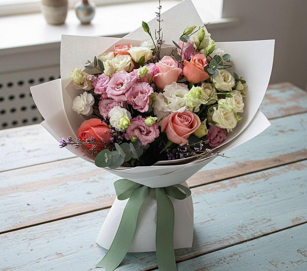 Букет цветов из: Розы, Лизиантусы и Гвоздики в Лещаном