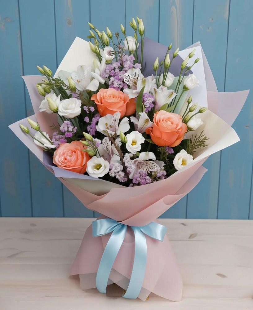 Букет цветов из: Лизиантусы, Розы, Альстромерии и Гипсофила в Лещаном