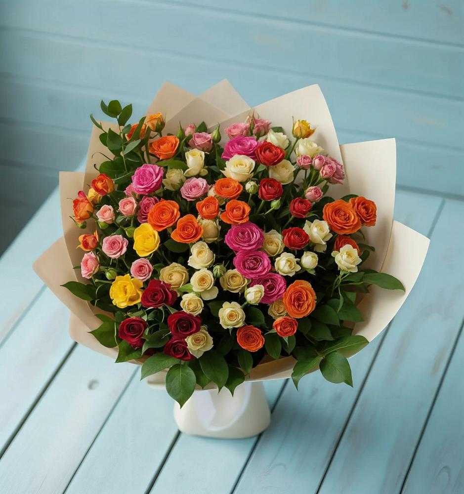 Букет Микс из разноцветных кустовых роз в Лещаном