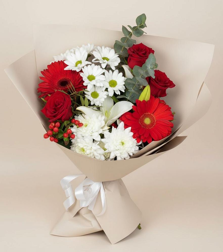 Букет цветов из: Розы, Хризантемы, Герберы и Лилии в Лещаном