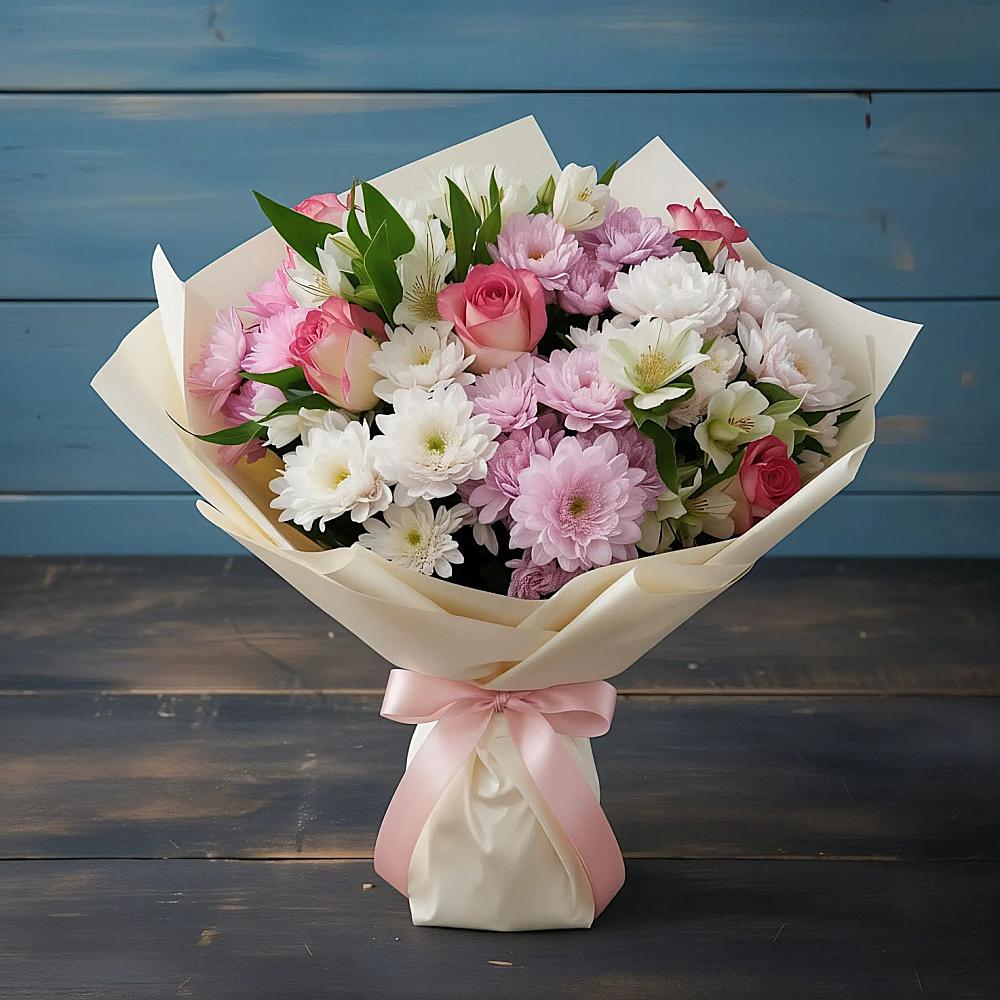 Букет цветов из: Хризантемы, Альстромерии и Розы в Лещаном